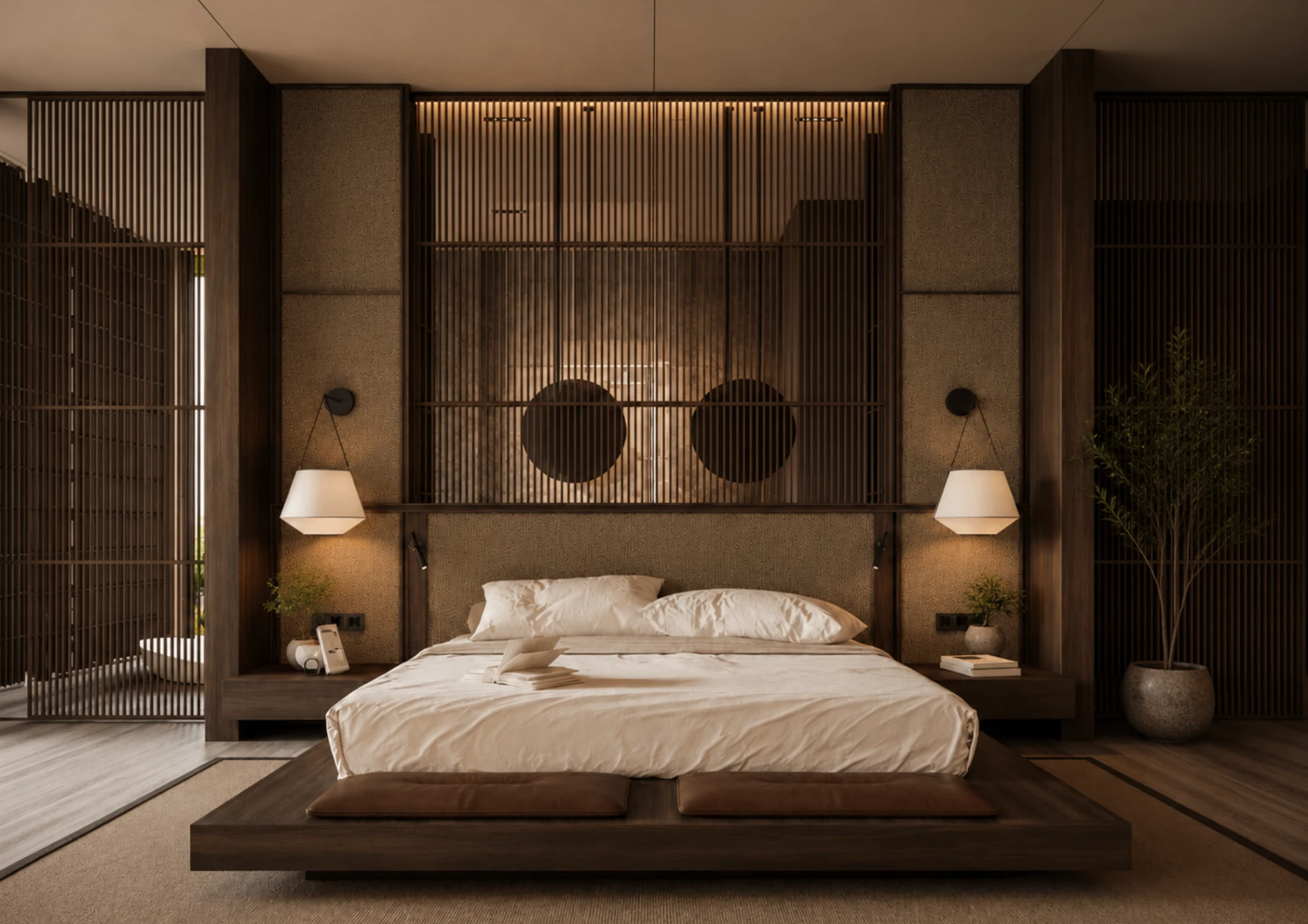 Serene bedroom with linen bedding and morning light on plaster