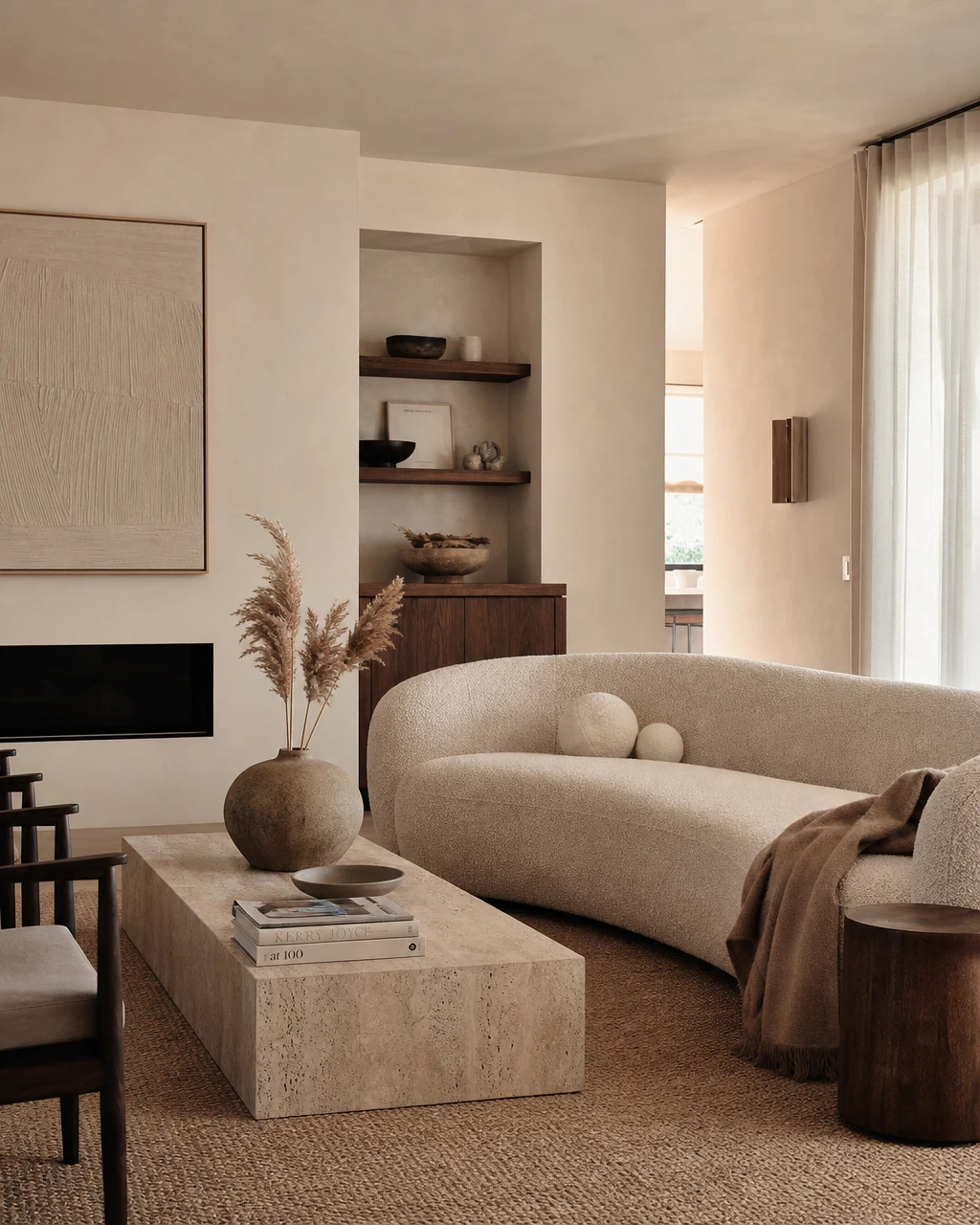 Serene living room with travertine table and boucle sofa